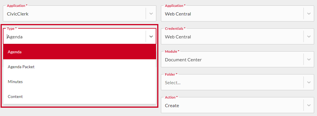 Type drop-down options.