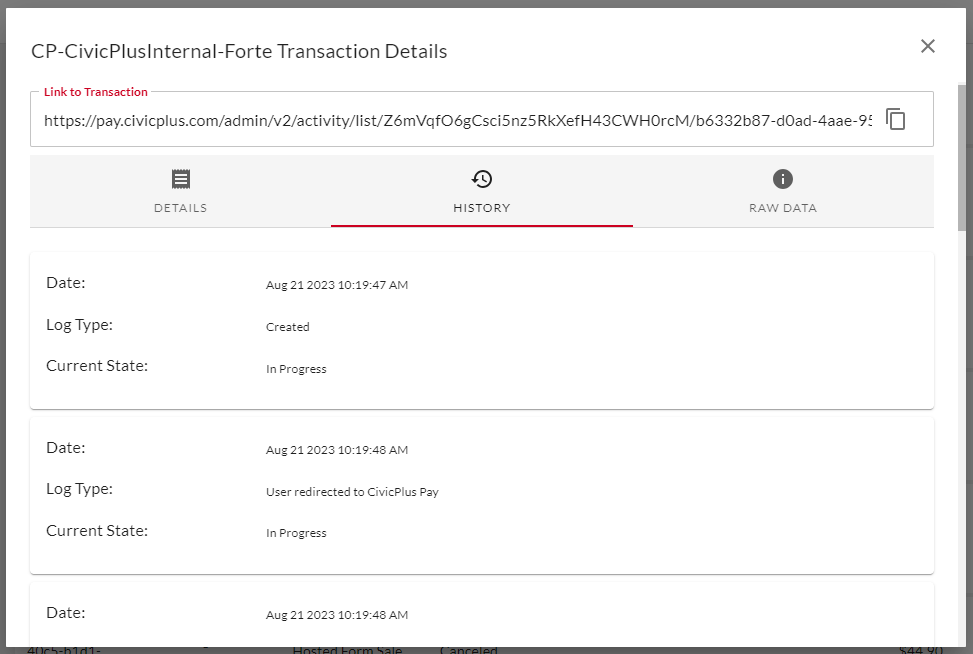 History tab of transaction.