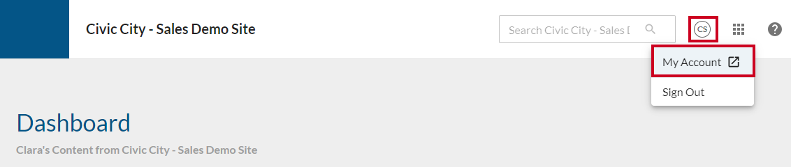 User profile icon in top right corner with My Account selected from drop-down.